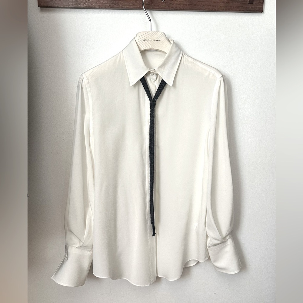 Brunello Cucinelli Ivory Silk Blouse w/monili & Cashmere Tie XS FW23 orig$2995